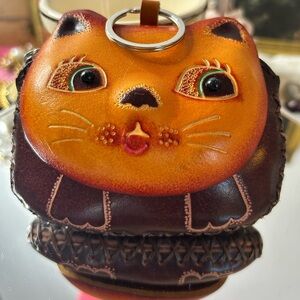 Leather Cat Coin Purse & Wristlet keychain bagcharm NWT 4.25”